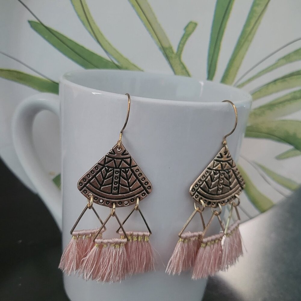 Bohemian Gold and Pink Tassel Earrings